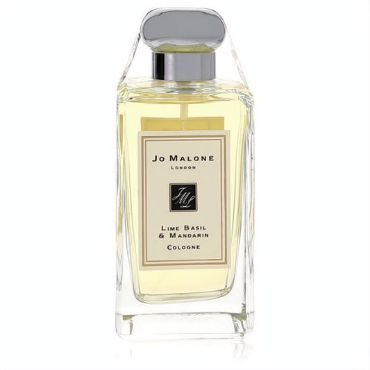 Iconic Jo Malone Lime Basil & Mandarin unisex cologne. Clear glass bottle, pale yellow liquid, elegant cream label, sleek silver cap.