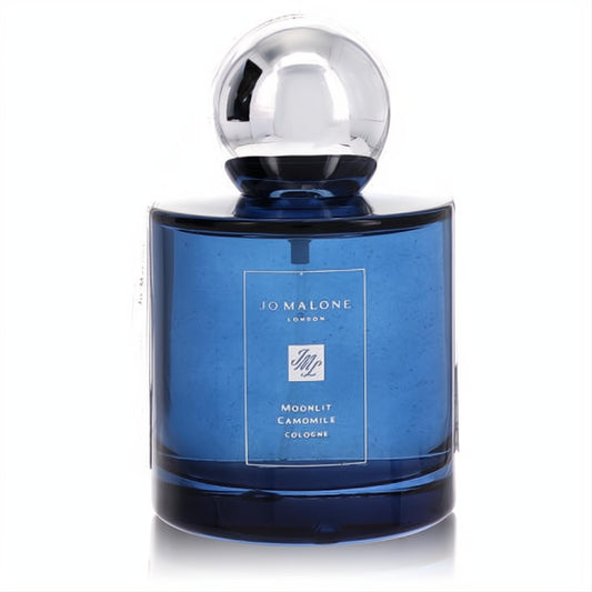 Elegant Jo Malone Moonlit Camomile cologne in a sleek dark blue glass bottle with a polished silver cap. 3.4 oz spray.