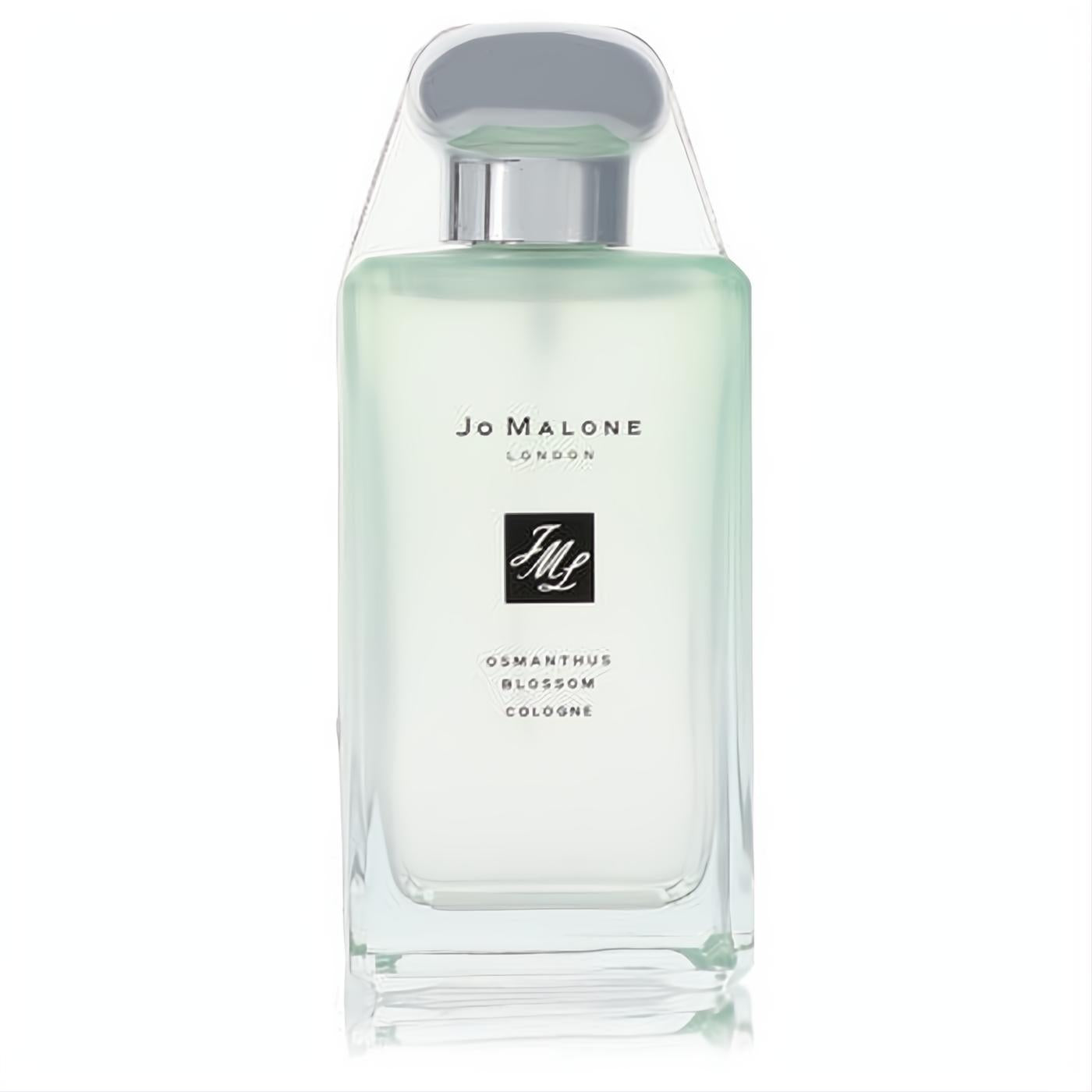 Jo Malone Osmanthus Blossom cologne: elegant rectangular glass bottle with pale green liquid, iconic JM logo, and sleek silver cap.