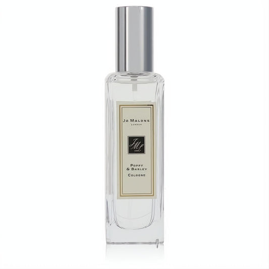 Sleek Jo Malone Poppy & Barley 1 oz cologne spray in a clear glass bottle with a polished silver cap and signature cream label.