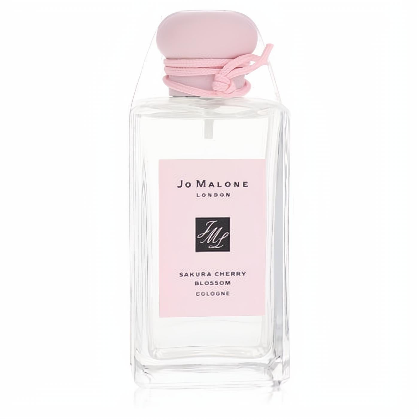 Jo Malone Sakura Cherry Blossom 3.4 oz cologne in a sleek glass bottle with a soft pink cap, label, and tie.