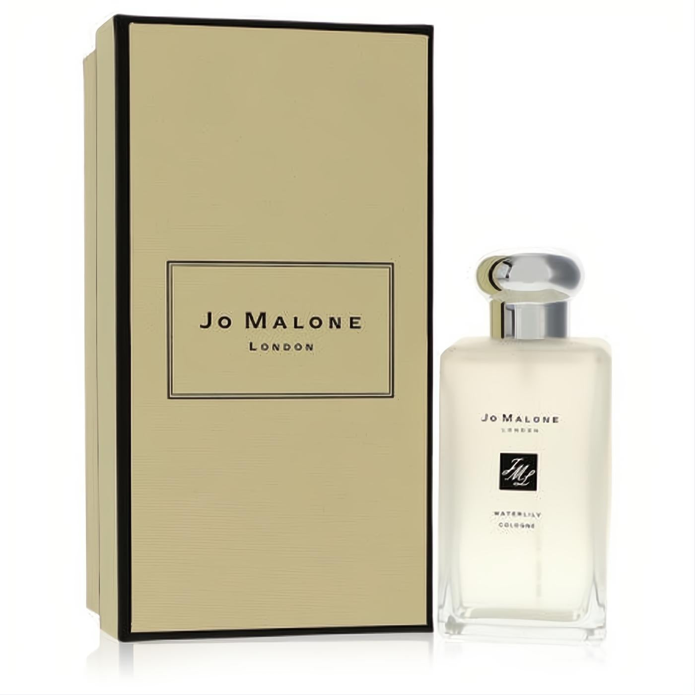 Indulge in Jo Malone Waterlily cologne spray. Clear glass bottle, sleek silver cap, and elegant beige branded box.