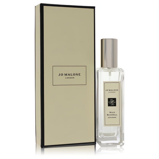 Experience Jo Malone Wild Bluebell cologne: a sleek clear glass spray bottle with silver cap and minimalist cream box.