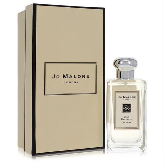 Luxurious Jo Malone Wild Bluebell cologne spray in a clear glass bottle with silver cap, beside its elegant beige box.