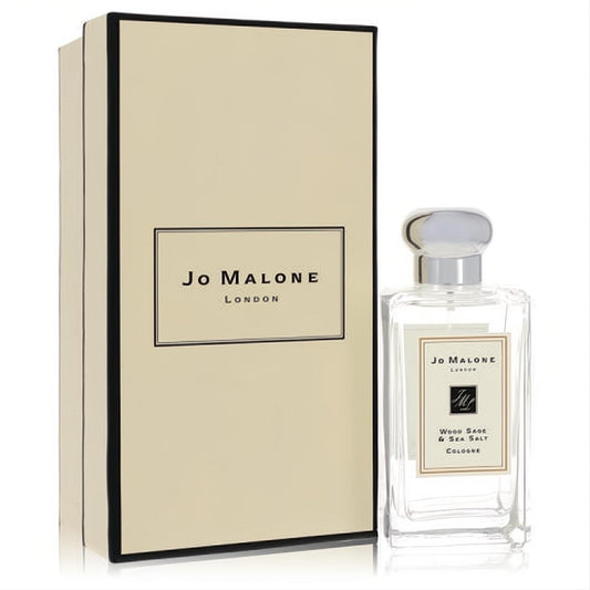 Elevate your scent with Jo Malone Wood Sage & Sea Salt 3.4 oz unisex cologne spray. Clear glass bottle, silver cap, and elegant beige box.