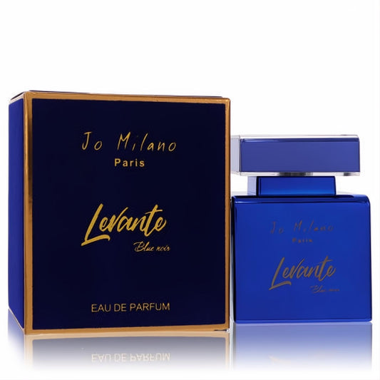 Elegant Jo Milano Levante Blue Noir unisex EDP in a vibrant cobalt blue glass bottle with gold script and matching luxurious box.