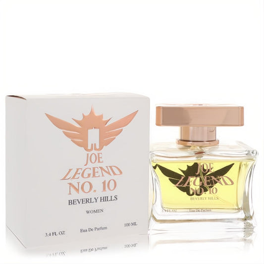 Stunning Joe Legend No. 10 women's 3.4 oz EDP. Clear glass bottle with rose gold cap, next to a white box featuring a copper winged logo.