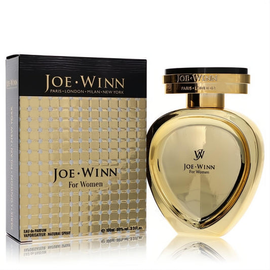 Luxurious Joe Winn For Women 3.3 oz Eau De Parfum. Features a stunning glossy gold heart-shaped bottle and elegant black and gold box.
