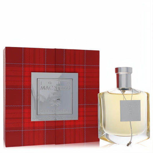 Distinctive John Mac Steed Red Eau De Toilette 3.4 oz. Clear bottle, silver cap, and striking red plaid gift box with silver accents.