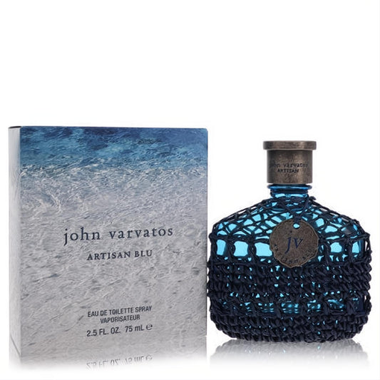 Experience John Varvatos Artisan Blu 2.5 oz men's EDT. Features a distinctive blue glass bottle with dark woven netting and JV emblem.