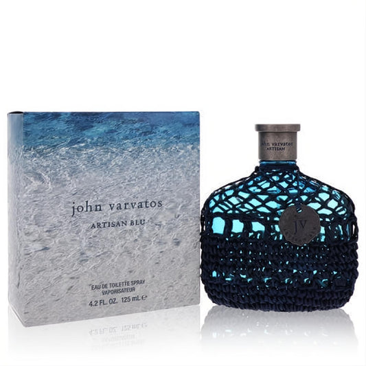 John Varvatos Artisan Blu 4.2 oz men's cologne. Striking blue bottle with dark woven net and rustic cap, alongside its fresh aquatic box.