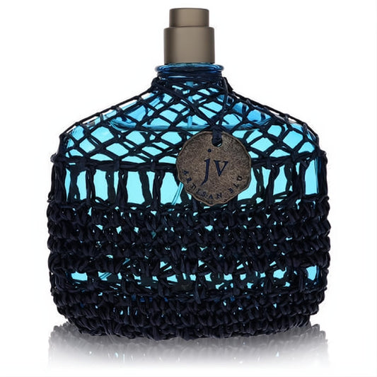 John Varvatos Artisan Blu men's 4.2 oz EDT spray. Unique light blue bottle with intricate dark blue woven netting and bronze JV tag.