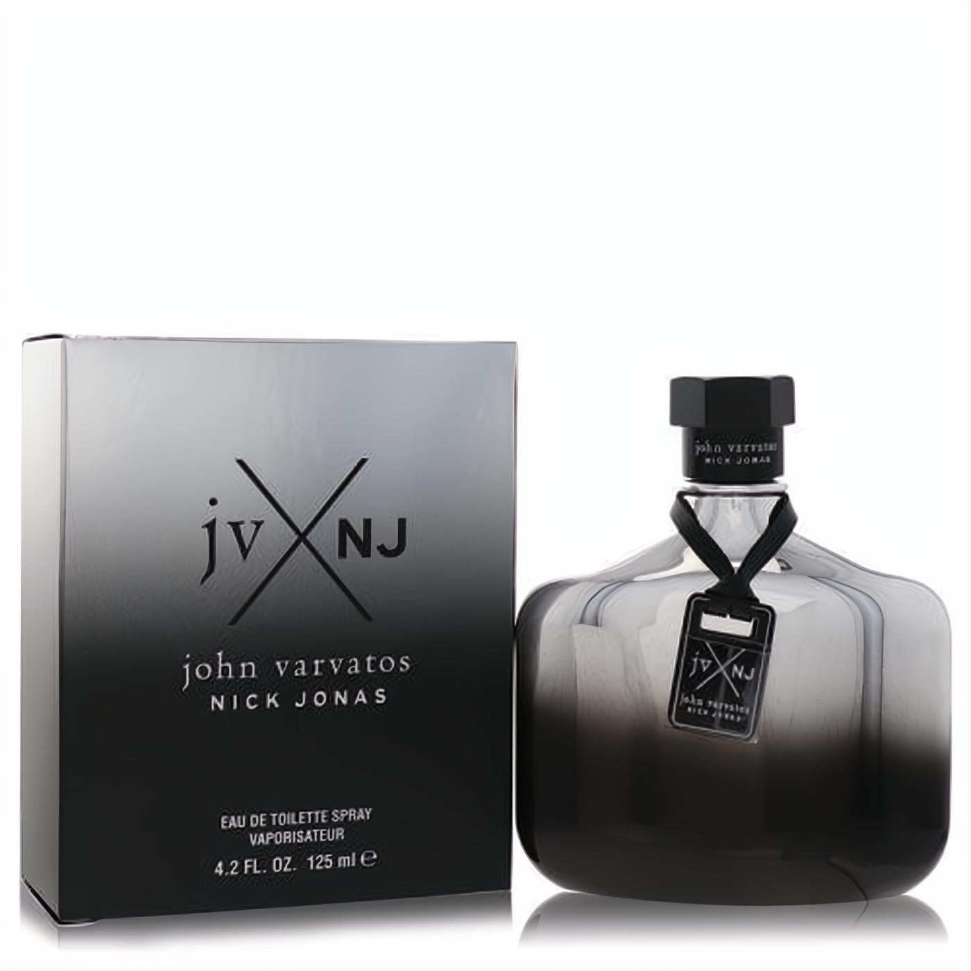 John Varvatos Nick Jonas JV x NJ Silver Edition 4.2 oz men's cologne. Sleek gradient glass bottle with black cap and matching box.