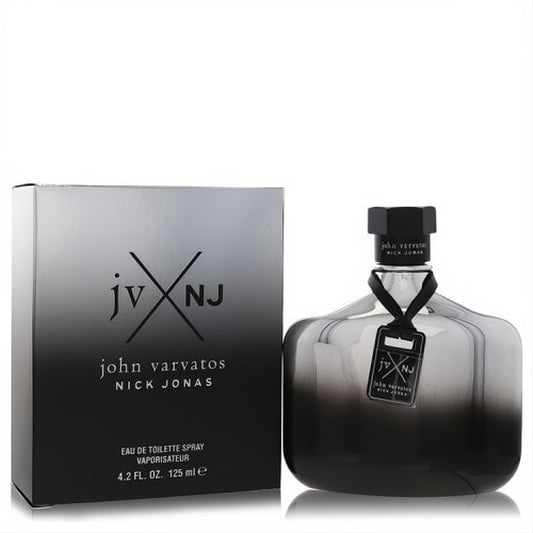 John Varvatos Nick Jonas JV x NJ Silver Edition 4.2 oz men's cologne. Sleek gradient glass bottle with black cap and matching box.