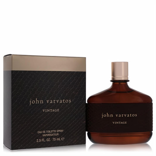 John Varvatos Vintage 2.5 oz EDT. Distinctive dark amber bottle with gold cap and textured dark brown box. Sophisticated men's fragrance.