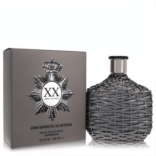 John Varvatos XX Artisan 4.2 oz EDT. Bold dark grey woven bottle and sophisticated box with a regal crown emblem.
