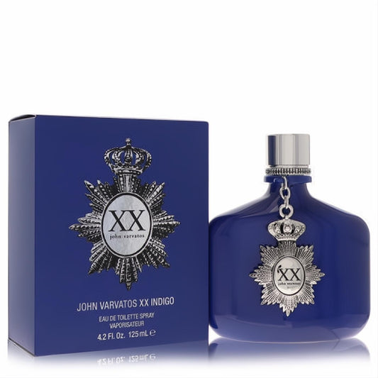 John Varvatos XX Indigo 4.2 oz EDT. Bold indigo blue bottle, silver cap, and iconic XX medallion. Luxurious men's fragrance.