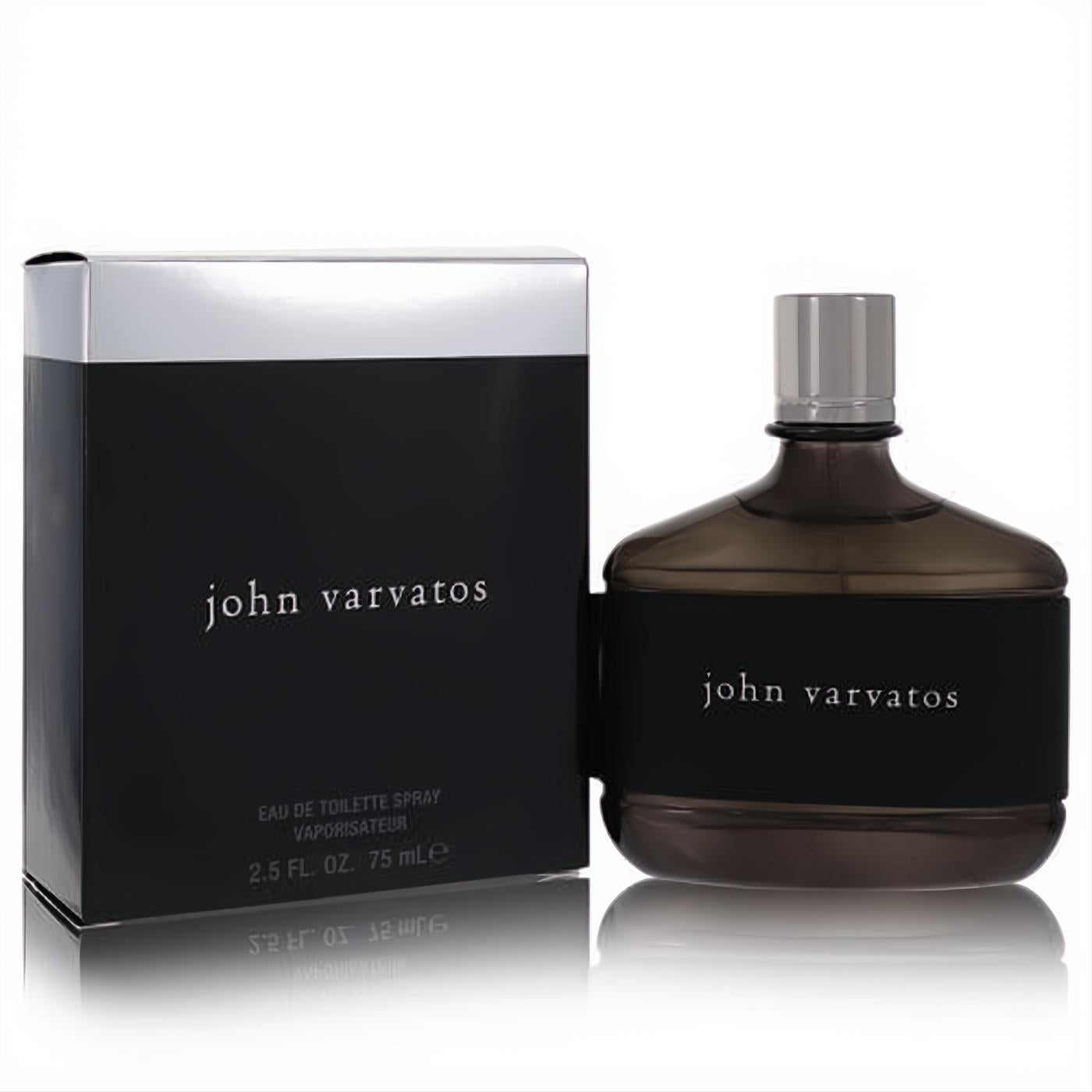 John Varvatos men's 2.5 oz Eau De Toilette spray. Dark brown bottle with silver cap, presented with its sleek black and silver box.