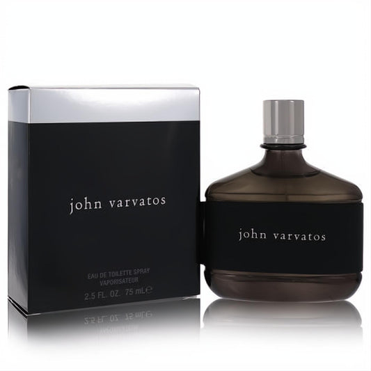 John Varvatos men's 2.5 oz Eau De Toilette spray. Dark brown bottle with silver cap, presented with its sleek black and silver box.