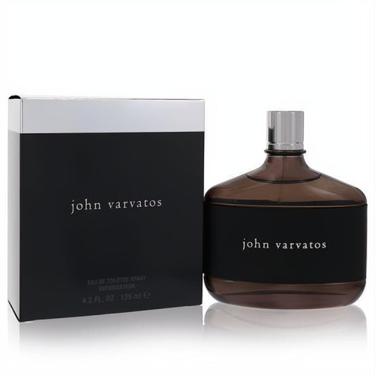 John Varvatos Eau De Toilette 4.2 oz. Elegant dark amber glass bottle with silver cap, presented with its matching black and silver box.