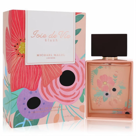 Captivating Joie De Vie Blush Michael Malul 3.4 oz EDP. Blush bottle with delicate floral art, paired with a vibrant matching box.