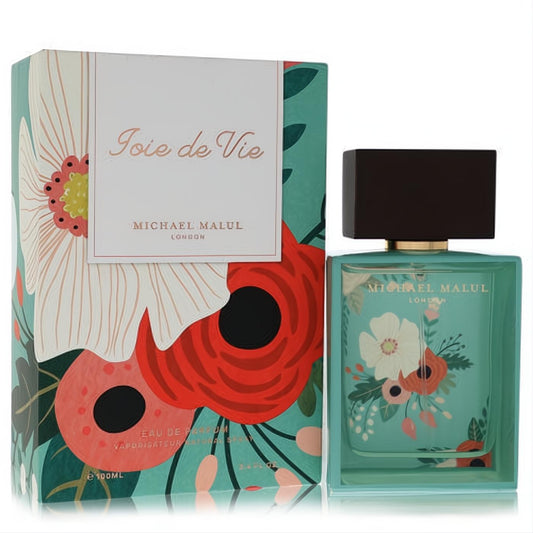 Michael Malul Joie de Vie 3.4 oz Eau de Parfum. Vibrant teal bottle and box with captivating white and red floral art.