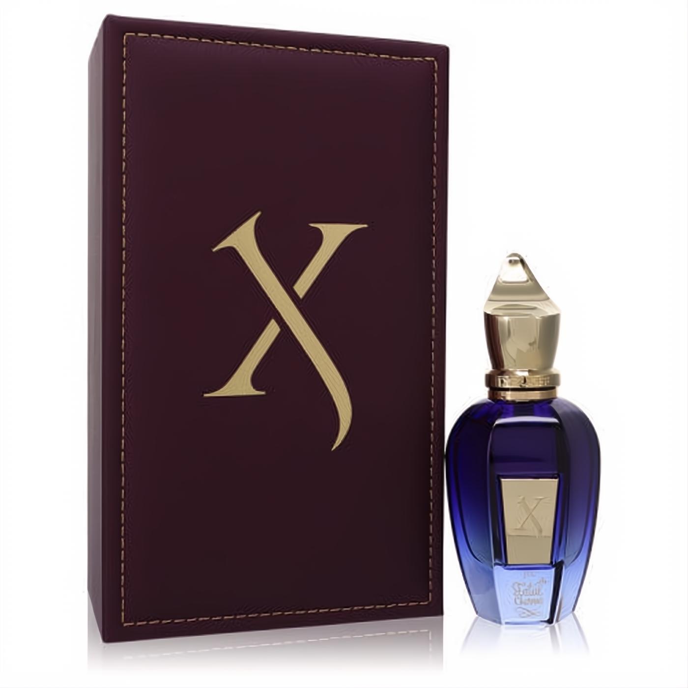 Experience Xerjoff Fatal Charme EDP: a vibrant blue bottle with gold cap, paired with its elegant burgundy stitched box featuring a bold gold 'X'.