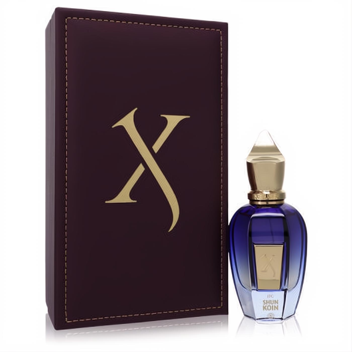 Experience Xerjoff Join the Club Shunkoin 1.7 oz EDP. Luxurious deep blue bottle with gold cap, beside its elegant burgundy stitched box.