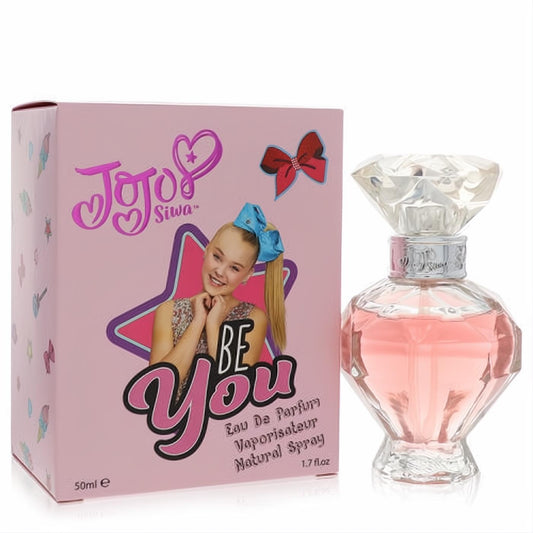 Jojo Siwa Be You 1.7 oz perfume. Pink box with Jojo's image, and a unique faceted glass bottle with a diamond cap and pink liquid.