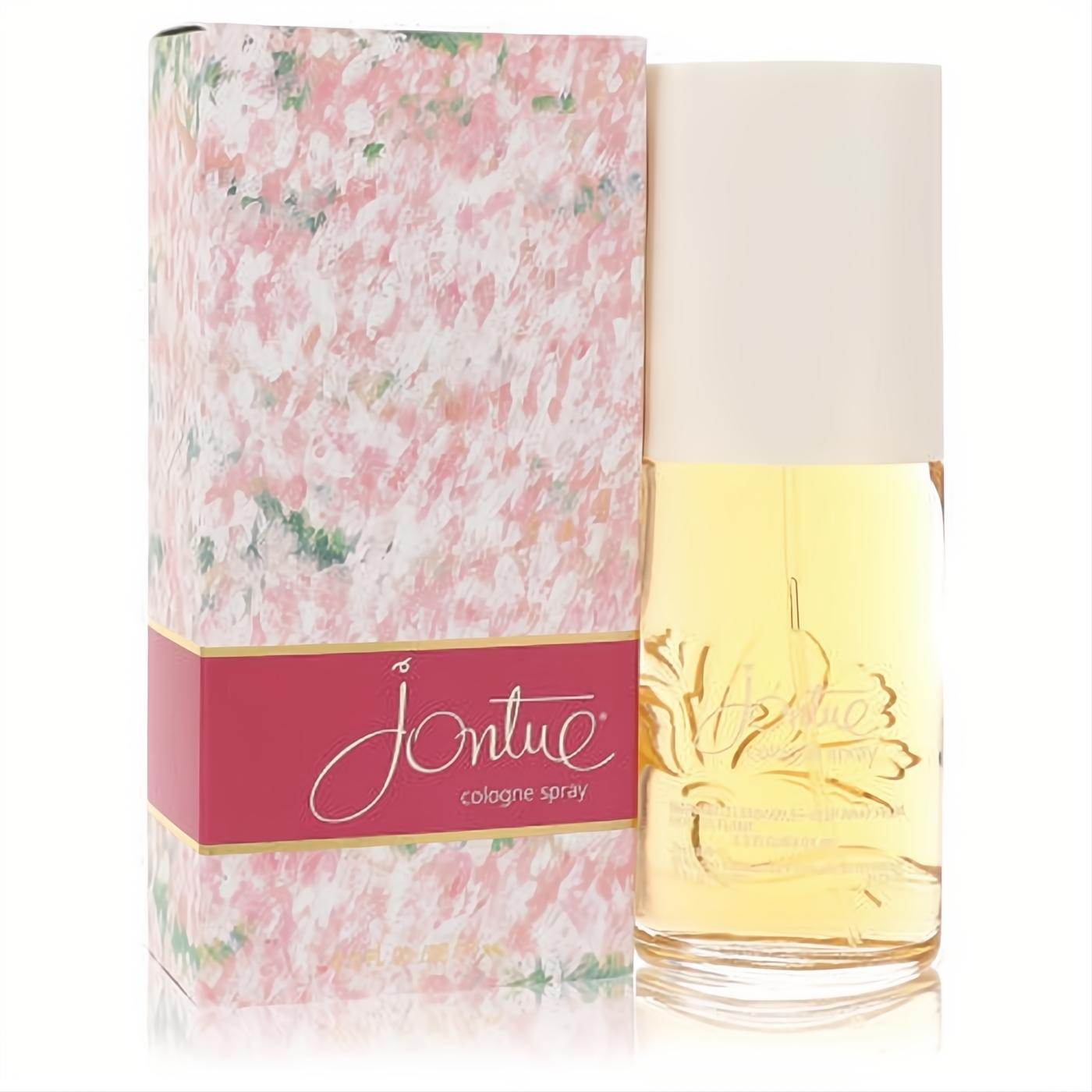 Jontue by Revlon 2.3 oz cologne spray, featuring a clear glass bottle, cream cap, and a beautiful pink floral box.
