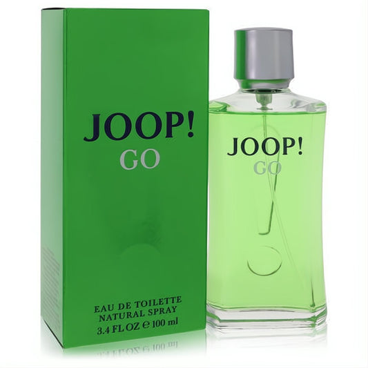 Vibrant Joop! Go 3.4 oz EDT spray. Sleek clear glass bottle with refreshing light green fragrance, beside its bold green box.