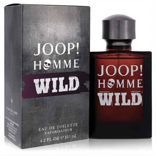 Joop! Homme Wild 4.2 oz EDT. Dark red bottle, black cap, and skull design on a textured black box.