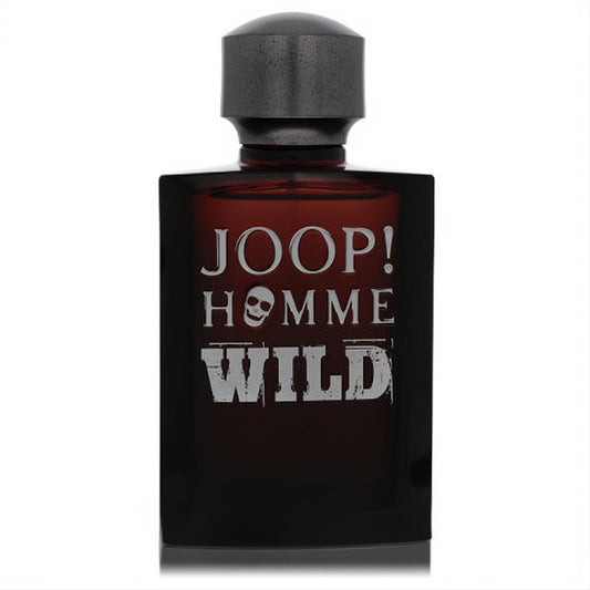 Joop Homme Wild men's cologne in a striking dark red glass bottle with a bold skull logo and matte black cap.