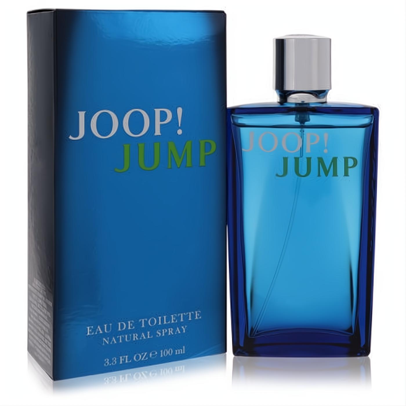 Joop Jump 3.3 oz men's Eau De Toilette spray. Bold blue glass bottle, sleek silver cap, and matching box.