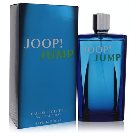 Joop Jump 6.7 oz men's EDT in a sleek dark blue glass bottle with silver cap and matching glossy box.
