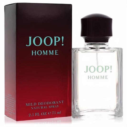 Experience Joop! Homme 2.5 oz mild deodorant spray: clear glass bottle, sleek black cap, bold red gradient box.
