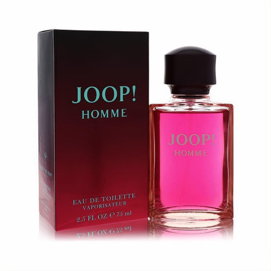 Experience Joop! Homme 2.5 oz EDT. Iconic clear glass bottle with vibrant pink fragrance and its sleek dark red box.