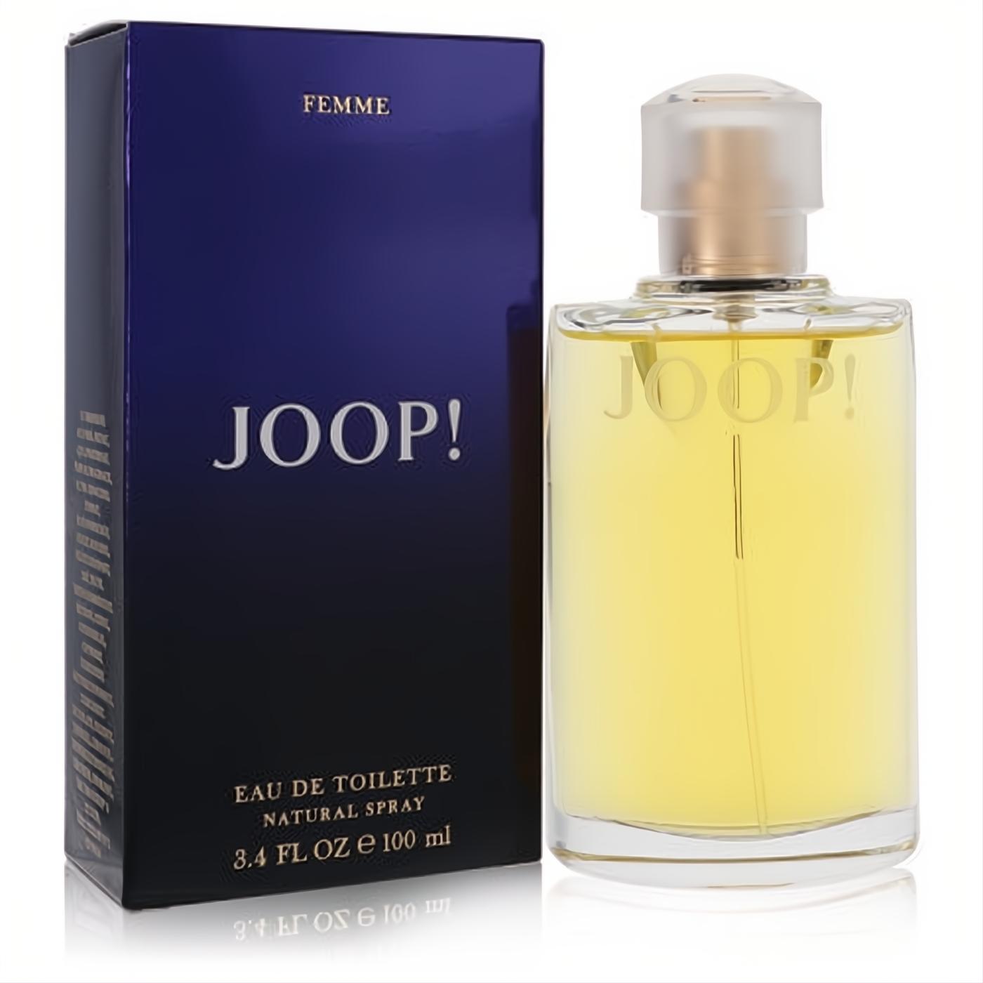 Joop! Femme Eau De Toilette 3.4 oz spray. Clear glass bottle with golden cap and vibrant yellow fragrance, beside its sleek dark blue box.