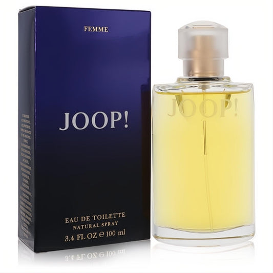 Joop! Femme Eau De Toilette 3.4 oz spray. Clear glass bottle with golden cap and vibrant yellow fragrance, beside its sleek dark blue box.