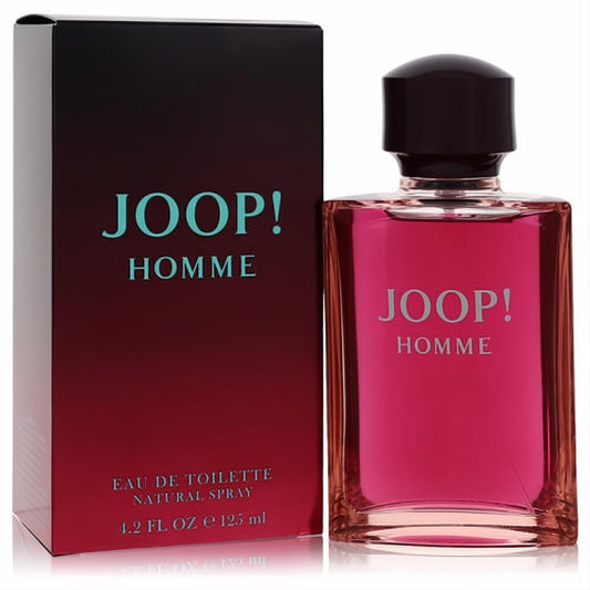 Joop! Homme 4.2 oz EDT spray. Iconic magenta glass bottle with black cap, presented with its bold red and black box.