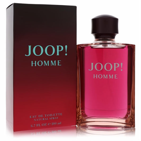 Joop! Homme Eau De Toilette 6.7 oz. Vibrant reddish-pink fragrance in a sleek glass bottle, paired with a bold, matching red box.