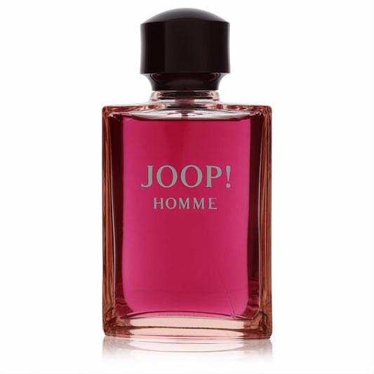Joop! Homme men's 4.2 oz Eau De Toilette spray, a vibrant pink fragrance in a sleek clear glass bottle with a black cap.