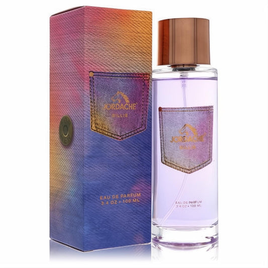 Jordache Billie 3.4 oz EDP: clear bottle, captivating lavender liquid, rose gold cap, and vibrant denim pocket box.