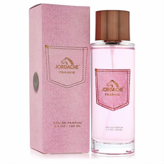 Jordache Frankie 3.4 oz Eau De Parfum: elegant clear bottle with pink fragrance, rose gold cap, and stylish pink denim-textured box.