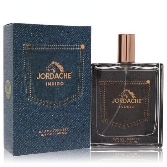 Jordache Indigo men's 3.4 oz EDT spray. Distinctive dark denim-inspired bottle and box with horse logo and rose gold cap.