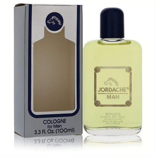 Jordache Man 3.3 oz cologne: clear glass bottle with yellow liquid, dark blue cap, and iconic gold horse logo. Presented with its grey box.