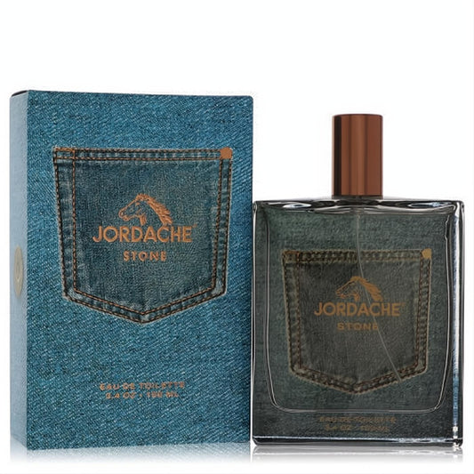 Rugged Jordache Stone men's 3.4 oz EDT. Dark grey glass bottle, brown cap, and blue denim box with signature pocket.
