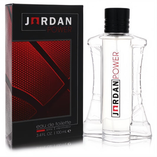 Powerful Jordan Power 3.4 oz men's EDT. Clear sculpted bottle, black cap, and bold black box with red basketball court design.
