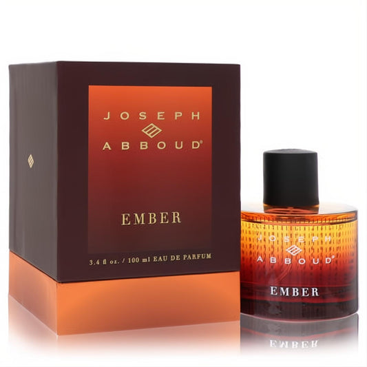 Joseph Abboud Ember 3.4 oz men's Eau De Parfum. Fiery amber-red gradient glass bottle with black cap, next to its elegant box.