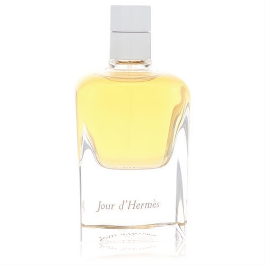 Jour d'Hermès 2.87 oz women's EDP tester. Elegant clear glass bottle, luminous pale yellow fragrance, sleek white cap.